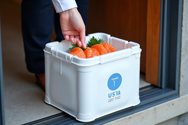 配達用の箱に入った新鮮な魚介が玄関先に置かれている