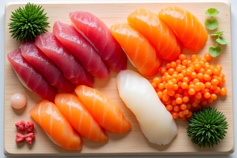 自宅で寿司を作るための新鮮な刺身ブロック、ウニ、イクラ